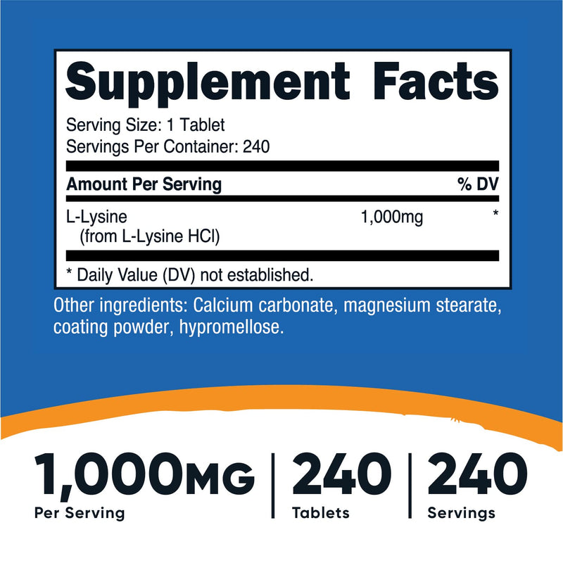 Nutricost L-Lysine 1000mg, 240 Tablets - Gluten Free, Non-GMO, and Vegetarian Friendly 240 Count (Pack of 1)