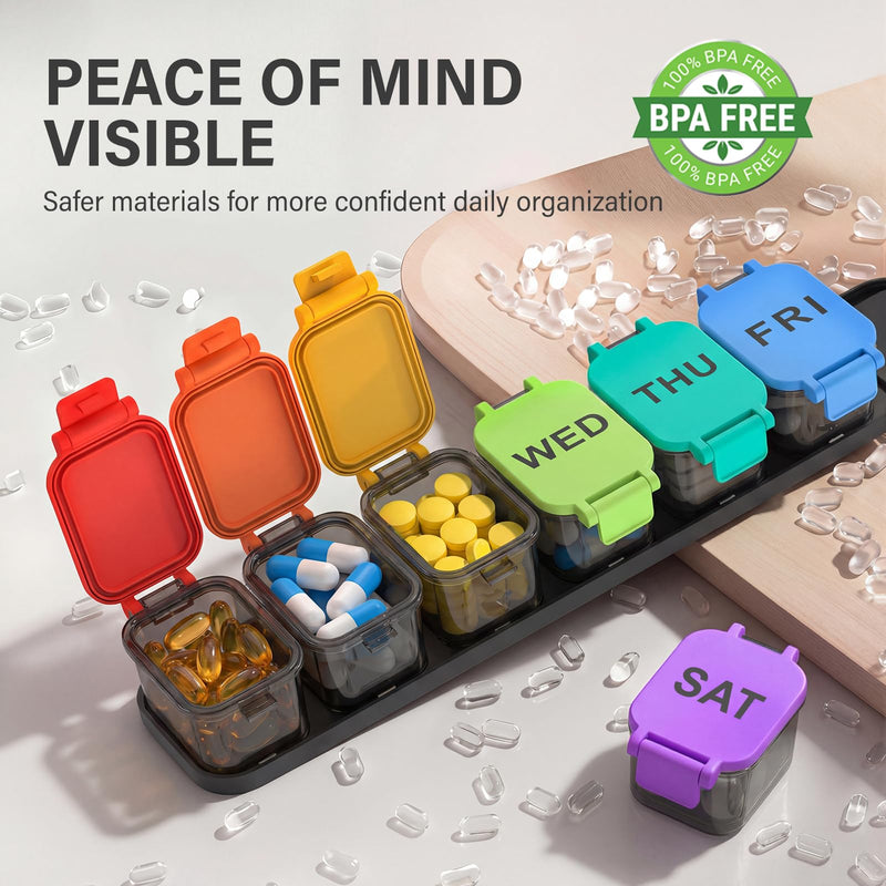 Yaklim Extra Large Weekly Pill Organizer, Detachable 1 Time a Day Pill Box | XXL 7 Detachable Compartments / Easy to Open & Fill / Waterproof Seals / For Big Vitamins & Supplements / Easy Readability Rainbow