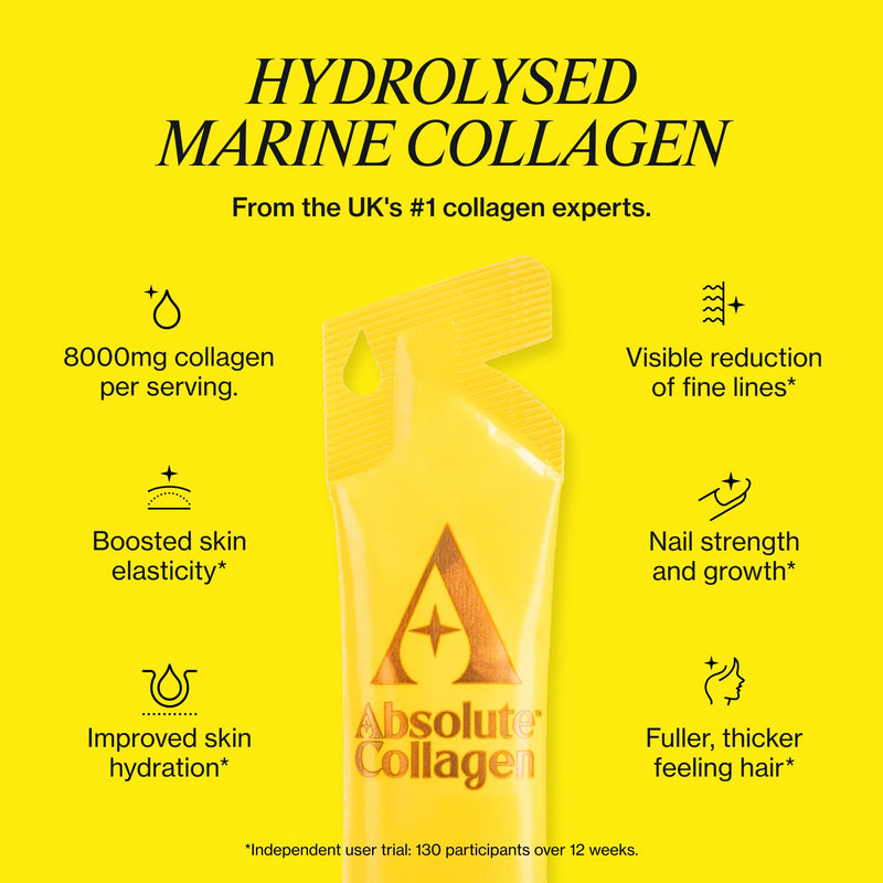Absolute Collagen Marine Liquid Collagen Supplement for Women | New Lemon Flavour, Supports Hair, Nail & Skin Health, 8000mg of Hydrolysed Collagen per Sachet, Vitamin C | 14 Sachets 140 ml (Pack of 1)