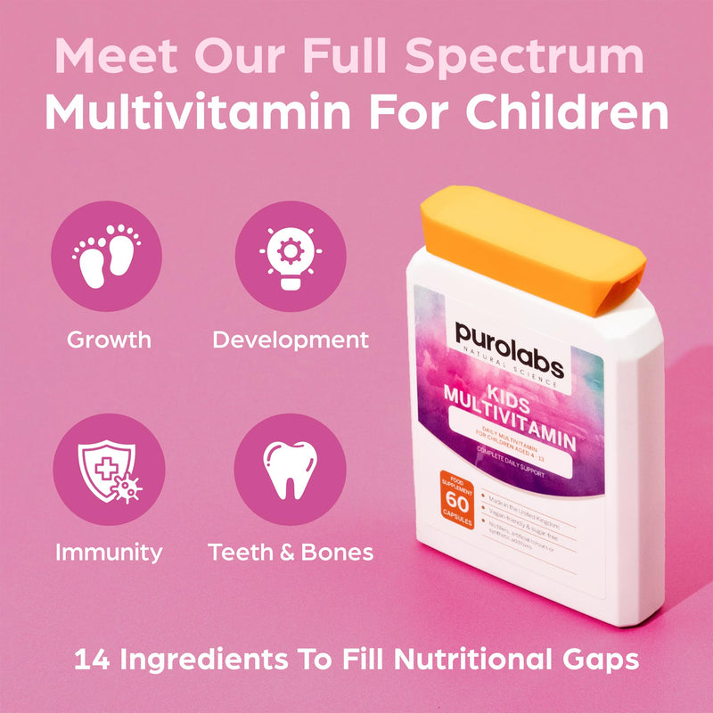 Purolabs Kids Multivitamin – High Strength Multivitamin for Kids with 14 Essential Nutrients – Daily Immune Support – Sugar-Free Vegan Capsules – A Clean Alternative to Kids Multivitamin Gummies