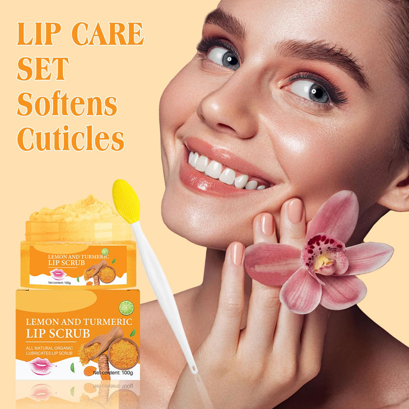 [Australia] - Turmeric Lemon Lip Scrub with Brush, Lip Scrubber Exfoliator for Dark Lips, Dry, Chapped Lips, Reduce Fine Lines, Natural Nourish Sugar Lip Scrub with Aloe Vera, Deep Hydration Moisturization 100g 2.26 Ounce (Pack of 2) 