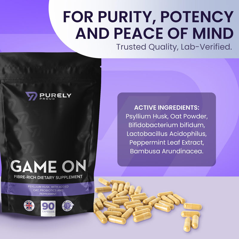Game ON – Fibre Rich Supplement for Bottoms | Stay Ready with Psyllium Husk, Probiotics, Peppermint | Supports Digestion, Gut Health & Clean Confidence | Vegan | 90 Capsules | Made in UK
