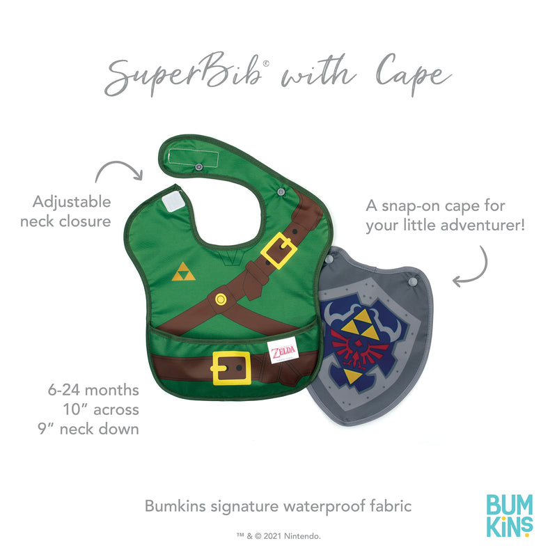 [Australia] - Bumkins Nintendo Bibs for Girl or Boy, SuperBib with Cape for Baby and Toddler 6-24 Months, Essential Must Have for Eating, Feeding, Baby Led Weaning Supplies, Mess Saving Catch Food, Legend of Zelda 1-Pack I1 Zelda, Cape 