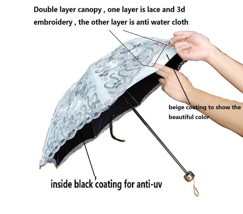 Foldable Lace Parasol Travel Sun Rain Umbrella Compact Anti UV Resistance Princess Sun Umbrella for Women & Girls 3D-Grey
