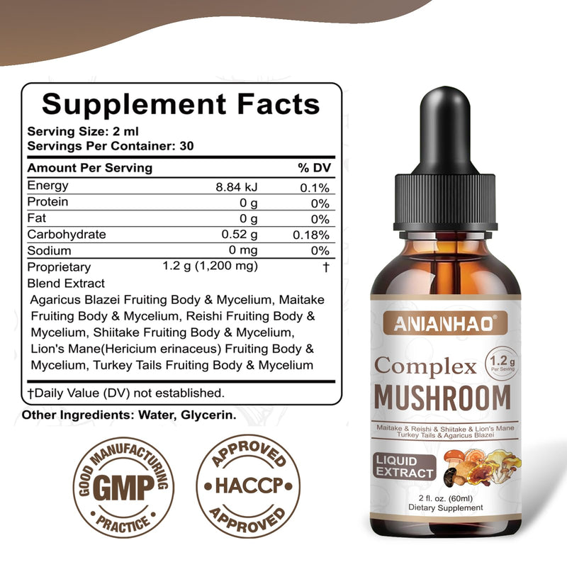 Mushroom Complex 6 1200mg | Mushroom Supplement with Lions Mane, Reishi, Agaricus, Shiitake, Turkey Tails & Maitake | High Strength for Immune, Brain, Focus & Energy | 100% Vegan 60ml