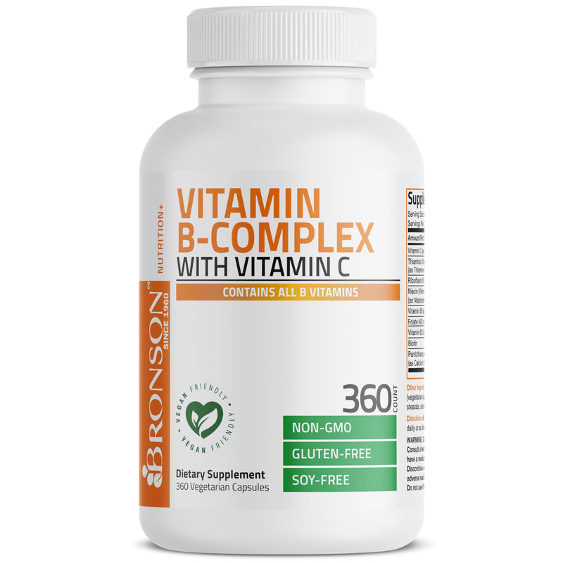 Bronson Vitamin B Complex with Vitamin C Vegetarian Capsules, 360 Count | Immune Health, Energy Support, Nervous System Support, Non-GMO, Soy-Free, Gluten-Free, Contains All B Vitamins Unflavored 360 Count (Pack of 1)