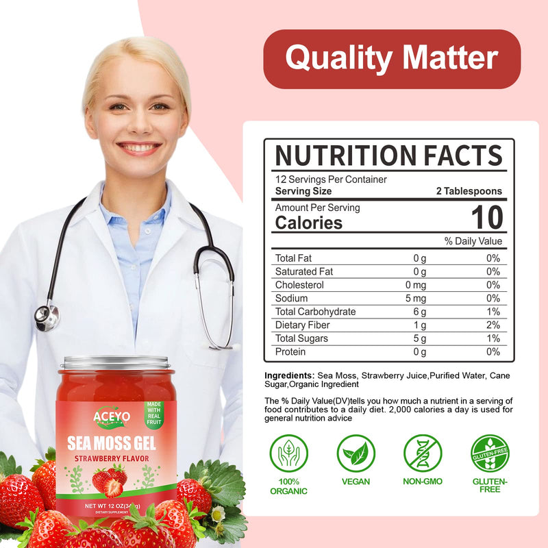 (12 OZ) Sea Moss Gel Irish,Raw Seamoss 102 Vitamins Strawberry Flavor | Wild Harvested,Support Immune,Non-GMO,Gluten-Free,Vegan 12 Ounce (Pack of 1)