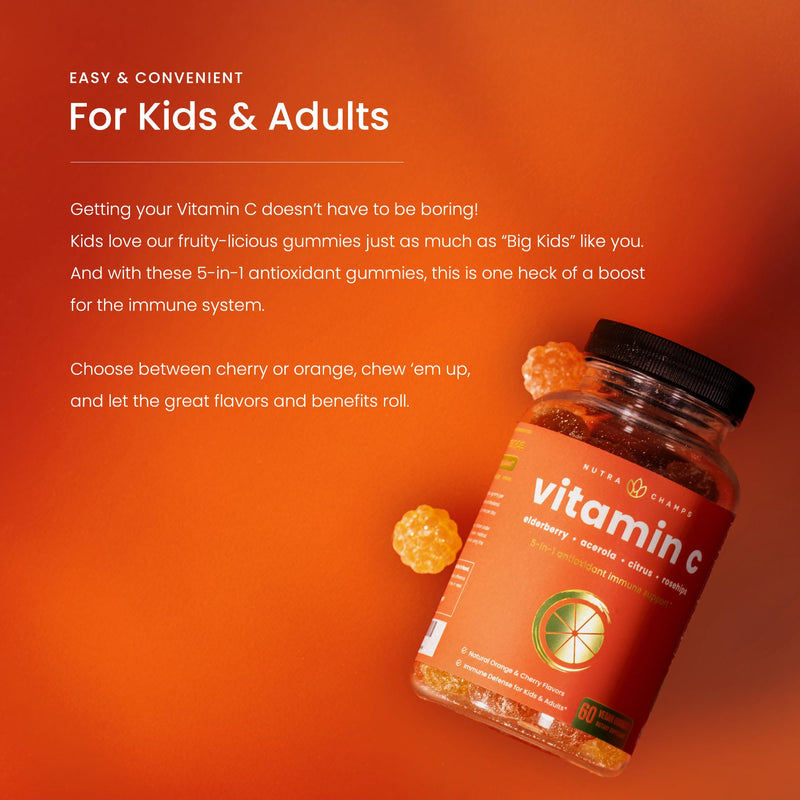 Vitamin C Gummies for Adults & Kids, 5-in-1 Immune System Support with Elderberry, Rosehips, Citrus Bioflavonoids & Acerola Cherry, Immunity Booster Supplement