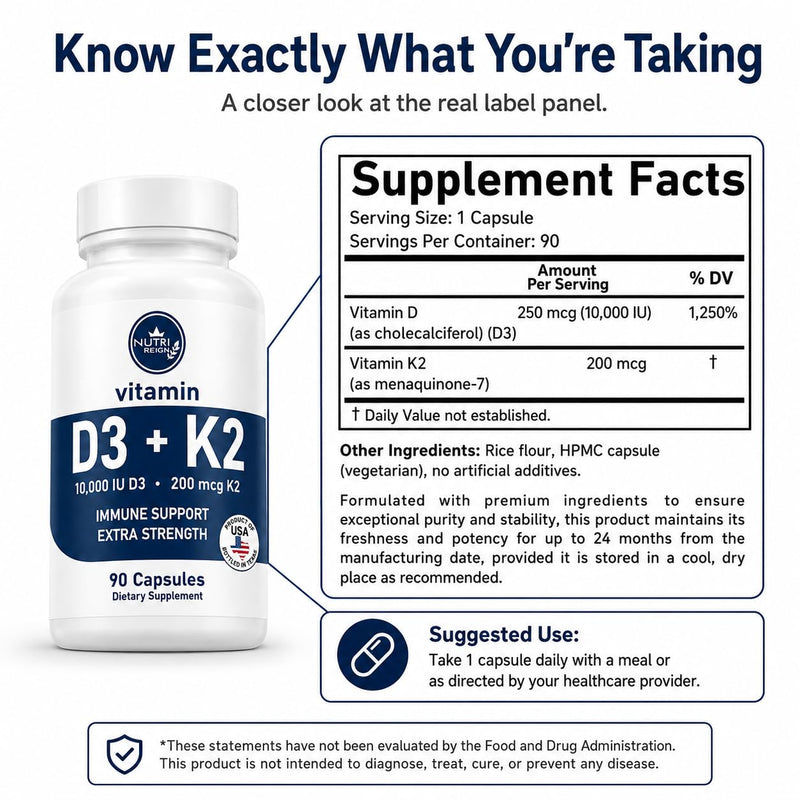 Vitamin D3 10,000 IU + K2 MK-7 200 mcg, High-Potency D3 K2 Supplement, Non-GMO, Gluten-Free, 90 Capsules