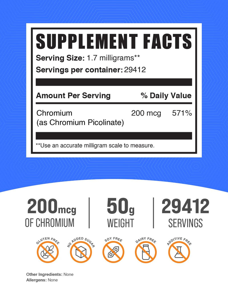 BulkSupplements.com Chromium Picolinate 200mcg Powder - Chromium Picolinate Powder, Chromium Supplements - Yeast Free, 200mcg of Chromium, 1.7mg per Serving, 50g (1.8 oz) (Pack of 1) 1.76 Ounce (Pack of 1)