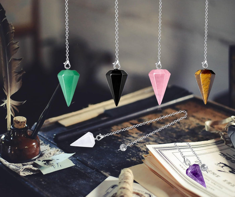 [Australia] - XIANNVXI 6pcs Pendulum Set Crystals Amethyst Stone Rose Quartz Obsidian Lapis Lazuli Crystal Gemstones Energetic Pendulum Esoteric Pendulum with Chain Spiritual Reiki Accessories G-lapis lazuli, tiger eye, rose quartz, amethyst, obsidian, green aventurine 