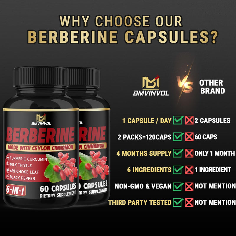 [Australia] - (2 Packs) Berberine Supplement Plus Ceylon Cinnamon, Turmeric - 120 Capsules - Supports Immune Function - Berberine HCl Supplement Pills - 4 Months Supply 60 Count (Pack of 2) 