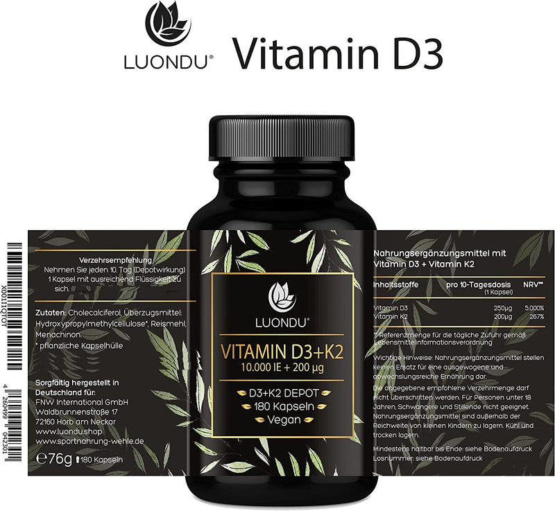 [Australia] - Luondu Vitamin D3 10,000 IU + Vitamin K2 MK7 200 mcg Depot (High Dose & Vegan) Vitamin D3 K2 Capsules High Dose (180 Capsules) 76 g (Pack of 1) 