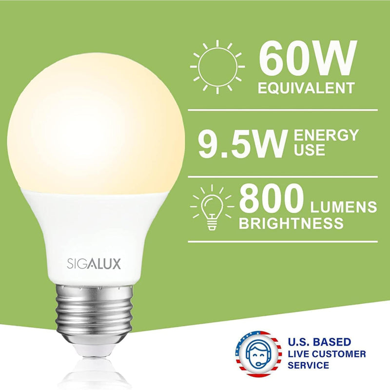 [Australia] - Sigalux LED Light Bulbs 60 Watt Equivalent A19 Standard Light Bulbs 2700K Warm, Non-Dimmable Energy Efficient 9.5W LED Soft White Bulb with E26 Medium Base, 800 Lumens, UL Listed, 4 Packs 4 Count (Pack of 1) 