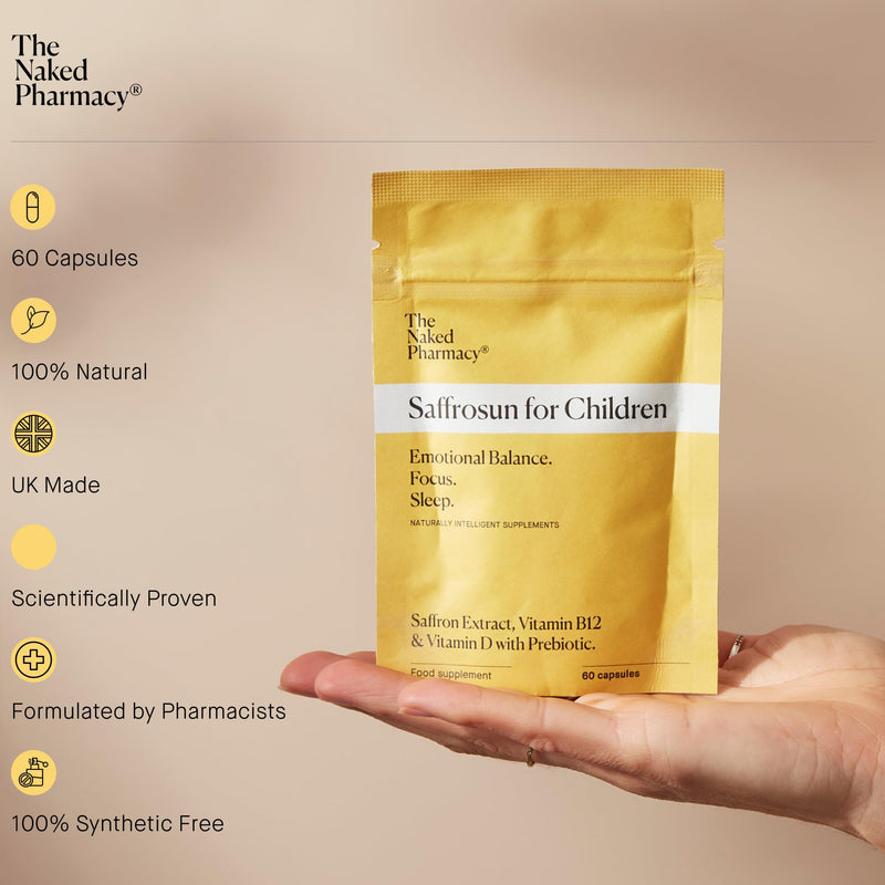 The Naked Pharmacy | Saffrosun for Children | Sleep & Balance | Natural Saffron Supplements with Vitamins D3 & B12 | High Strength | No Additives | Vegan | 60 Capsules 60 count (Pack of 1)