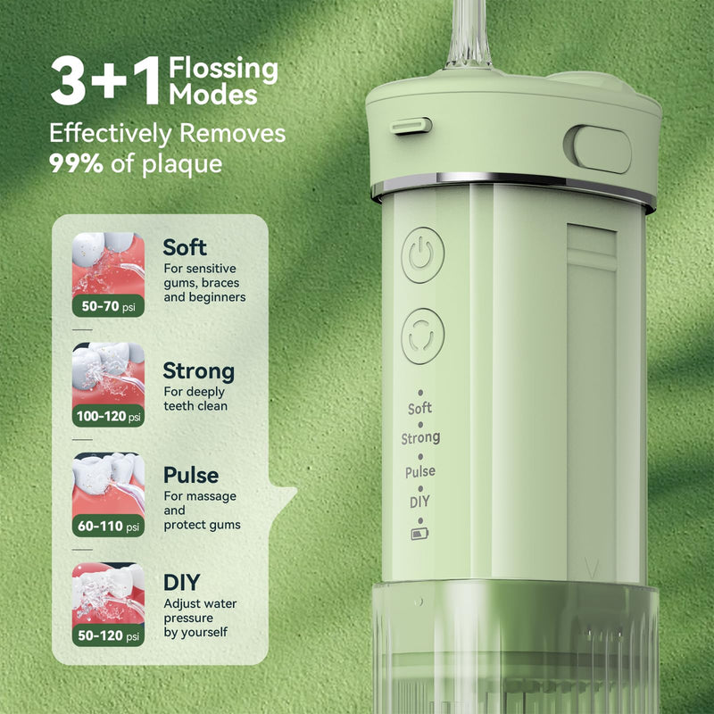 [Australia] - Portable Mini Water Dental Flosser for Teeth Cleaning Pick,Travel Oral Irrigator with Telescopic Water Tank,4 Modes and Waterproof Design-Perfect for Braces,Bridges,Home&Travel Dental Care Green 