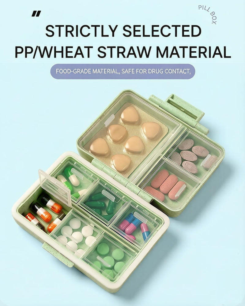 Travel Pill Organizer - Airtight Medicine Case for Traveling Portable Pharmacy Box Vitamin Container 9 Compartment Supplement Medication Holder Large Capacity Daily Weekly(Wheat Blue) Wheat Blue