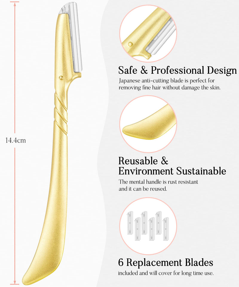 [Australia] - ennva Eyebrow Razor for Women - Eyebrow Trimmer Dermaplaning Tool- Ergonomic Eyebrow Shaper and Facial Razor for Peach Fuzz-Exfoliating Face Razor for Eyebrows-Eye Brow Shaver Razors w/ 7 Blades- Gold 