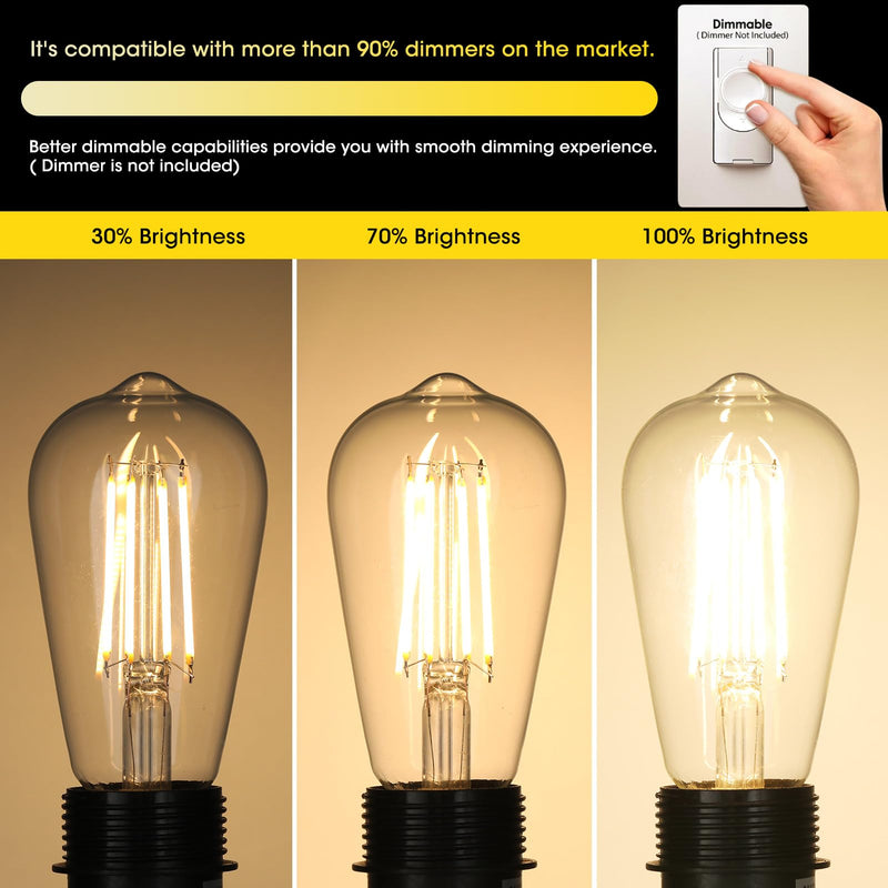 [Australia] - Vintage LED Edison Bulbs 6W, Equivalent 60W Incandescent, Warm White 2700K, ST58 Antique LED Filament Bulbs with 90+ CRI, E26 Medium Base,Dimmable, Clear Glass, Pack of 6 6 Count (Pack of 1) 