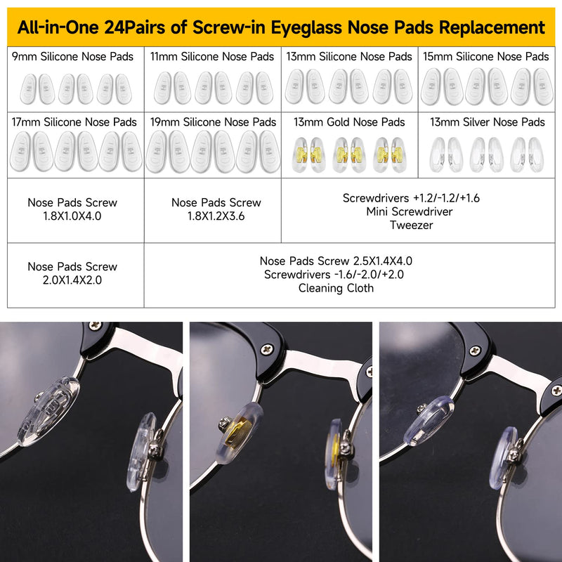 [Australia] - Eyeglass Nose Pads, 24 Pairs of Screw-in Glasses Nose Pads, Upgraded Magnetic Eyeglass Repair Kit with Precision Precision Screwdriver Set, Screws, Tweezer for Travel, Birthday Gift, Christmas 