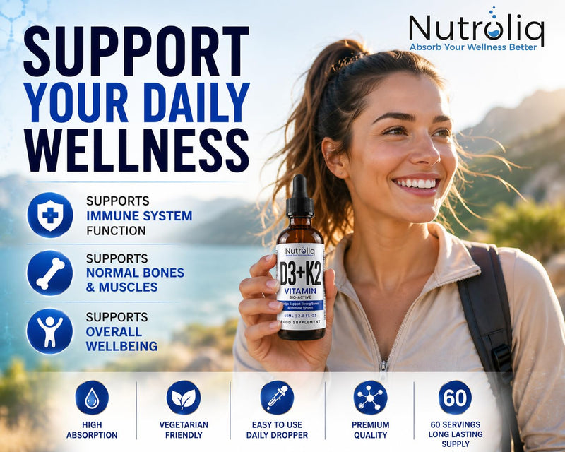 Nutroliq Vitamin D3 + K2 Liquid Drops - 4000IU Vit D3, 100mcg Vit K as MK7, MCT, Extra Virgin Olive Oil - For Immune & Bone Health, Better Energy, Calcium Absorption - Natural Peppermint Flavour, 60ml