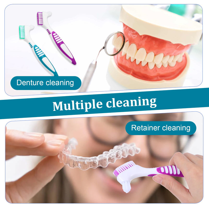 [Australia] - 2pcs Denture Brush, Denture Cleaning Brush Set with White Carrying Case Denture Toothbrushes with Multi-Layered Soft Bristles and Rubber Anti-Slip Handle (Purple + Green) 