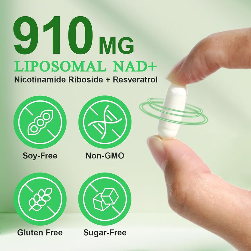 NAD+ Supplements with 910mg Plant-Based Formula NAD Support with Nicotinamide Riboside & Resveratrol, 120 Capsules, Supports Cellular Energy & Daily Wellness