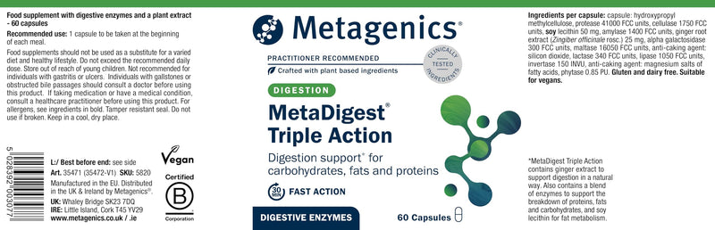 Metagenics MetaDigest Triple Action - Comprehensive Digestive Support with Plant Enzymes and Ginger Extract - 60 Capsules 60 count (Pack of 1)