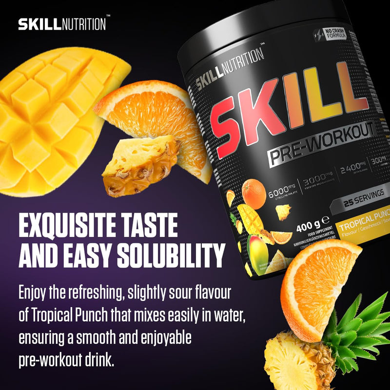 Skill Nutrition Pre-Workout Tropical Punch - No-Crash Formula with Extended-Release Caffeine | Xtenergy®, TheaGreen™, Vitacholine®, Astragin® | Vegan, Halal | B-Vitamins, Citrulline, Beta-Alanine