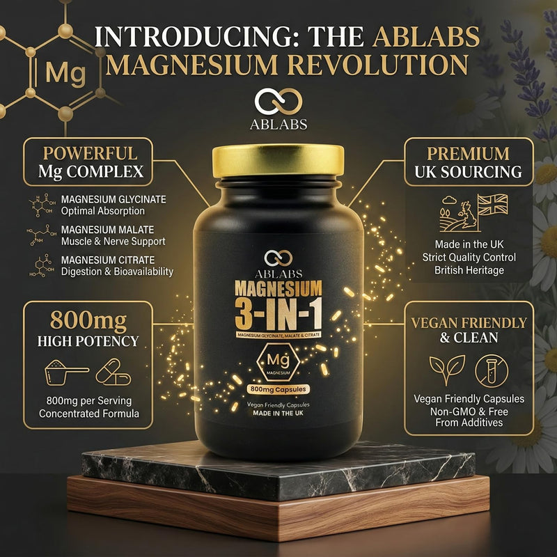Magnesium 3-in-1 1600mg | ABLABS | Glycinate, Malate & Citrate | Made in The UK | Triple Strength 1600mg | Vegan Capsules (60) 60