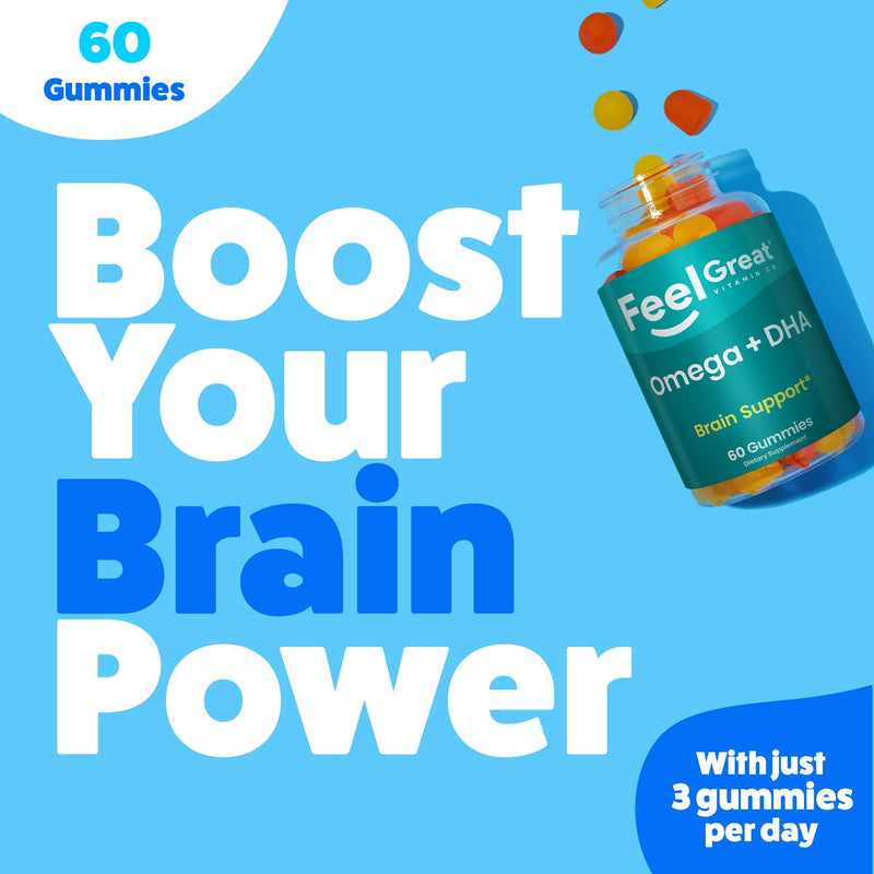 Feel Great Omega 3 6 9 + DHA Gummies for Kids & Adults, Vegetarian, 60ct | Plant-Based Omega 3 6 9 + DHA for Brain & Immune Support, Vitamin C & Chia, Fish Oil Alternative, Vegetarian, Gluten-Free