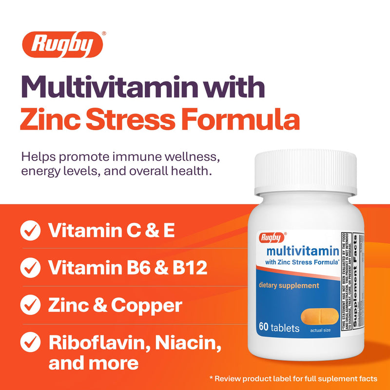 Rugby Multivitamin with Zinc Stress Formula - 60 Count (1-Pack) | Supports Immune Health and Wellness, Daily Multivitamin for Adults with Vitamin B-Complex, C, E & Zinc, Gluten-Free