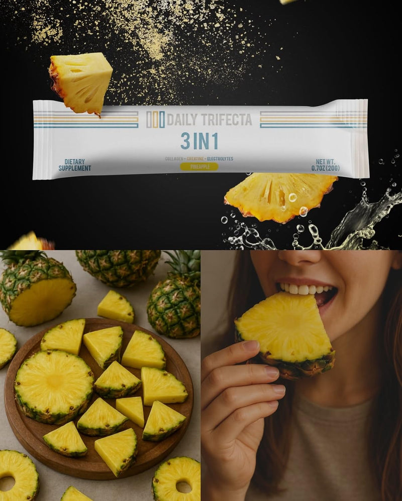 DAILY TRIFECTA 3-in-1 Collagen, Creatine & Electrolyte, Pineapple | Type I Collagen, Creatine Monohydrate, Zero Sugar, 30 Natural Single-Serve Packets, Strength, Hydration & Recovery