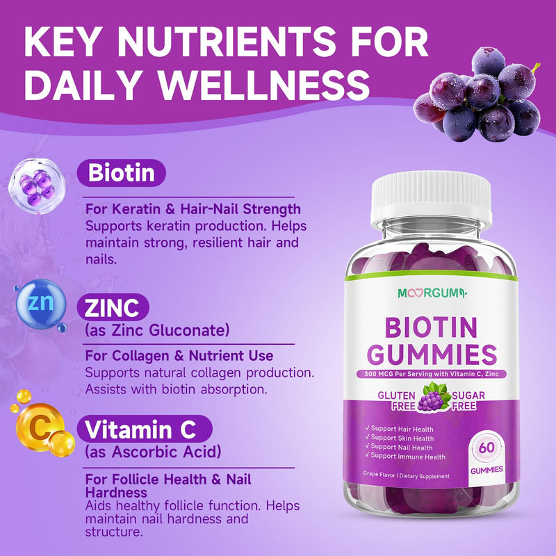 Sugar Free Biotin Hair, Skin & Nails Gummies, Supports Healthy Hair, Skin and Stronger Nails, with Vitamin C, Zinc Chewable Vitamin B7 Supplements for Women & Men, Vegan, Non-GMO, Grape, 60 Count 60 Count (Pack of 1)