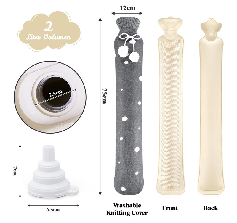 [Australia] - 73 cm hot water bottle hose long with knitted cover, hot water bottle 2 L with folding funnel, portable and washable knitted bottle cover hot water bottle for muscle pain, menstrual cramps (white/grey) white spot on grey 