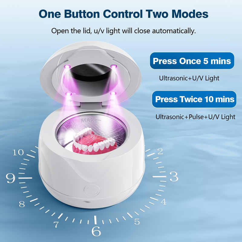 [Australia] - Retainer Cleaner Machine, 45kHz/25W Denture Cleaner, 2 Modes Mouth Guard Cleaner for Aligner, Night guard, Braces, and Jewelry Cleaner (White) White 