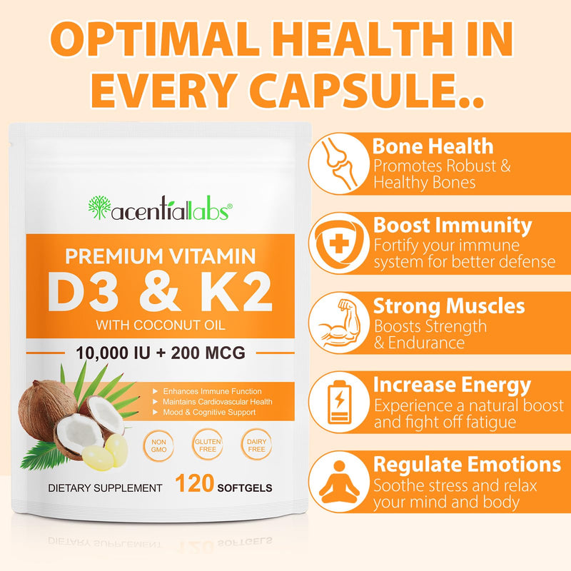 Premium Vitamin D3 & Vitamin K2 (MK-7) 120 Virgin Coconut Oil Softgels, 2 in 1 Vitamin D3 K2 Supplement Support Immune, Bones & Muscle Health, Easy to Swallow and Absorb | Gluten Free
