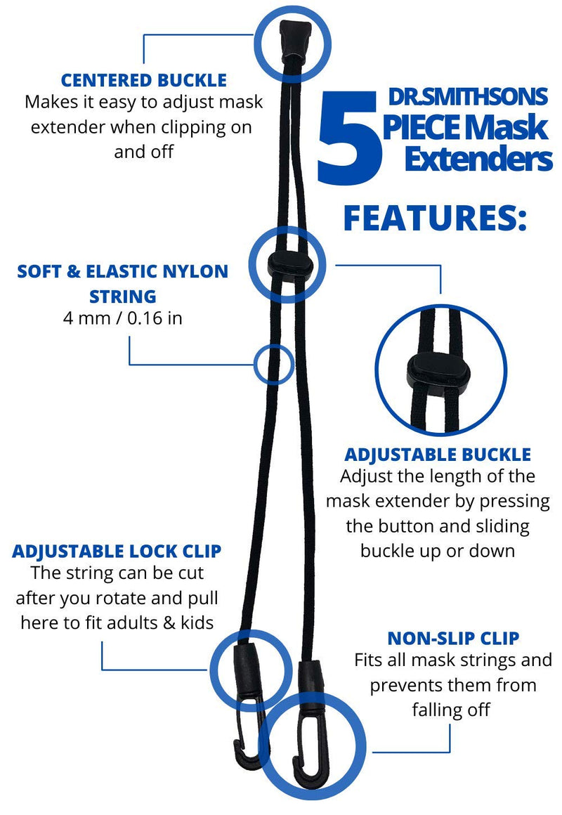 [Australia] - Mask Extender Straps for Back of Head (5-Pack) - Non-Slip & Adjustable Mask Straps for Back of Head | Ear Savers for Masks Strap Tightener Fastener Expander for Adults, Kids 