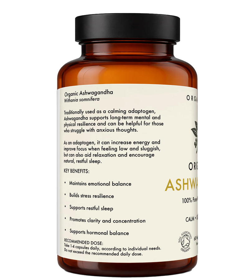 Organic Ashwagandha Capsules | Pure Withania Somnifera Root | 60 Vegan Capsules | Balance, Calm & Resilience | No Fillers or Flow Agents | Soil Association Certified