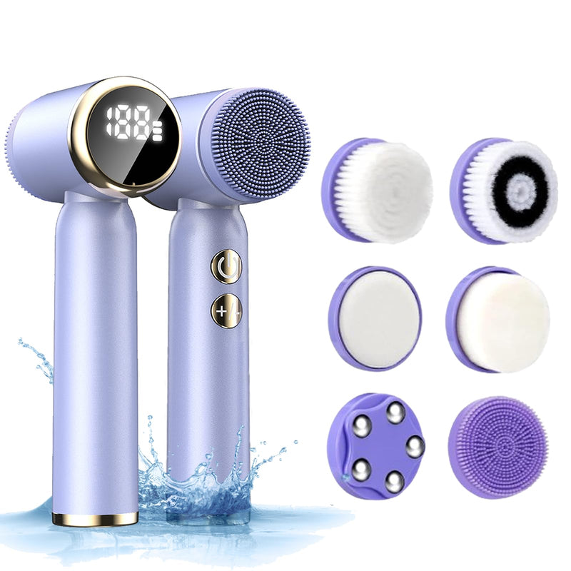 [Australia] - Facial Cleansing Brush, 6 in 1 Electric Face Scrubber with 6 Brush Heads and 3 Spin Speeds for Deep Cleansing, Waterproof Rechargeable Face Brushes for Dry Oily Sensitive Skin (Purple) 