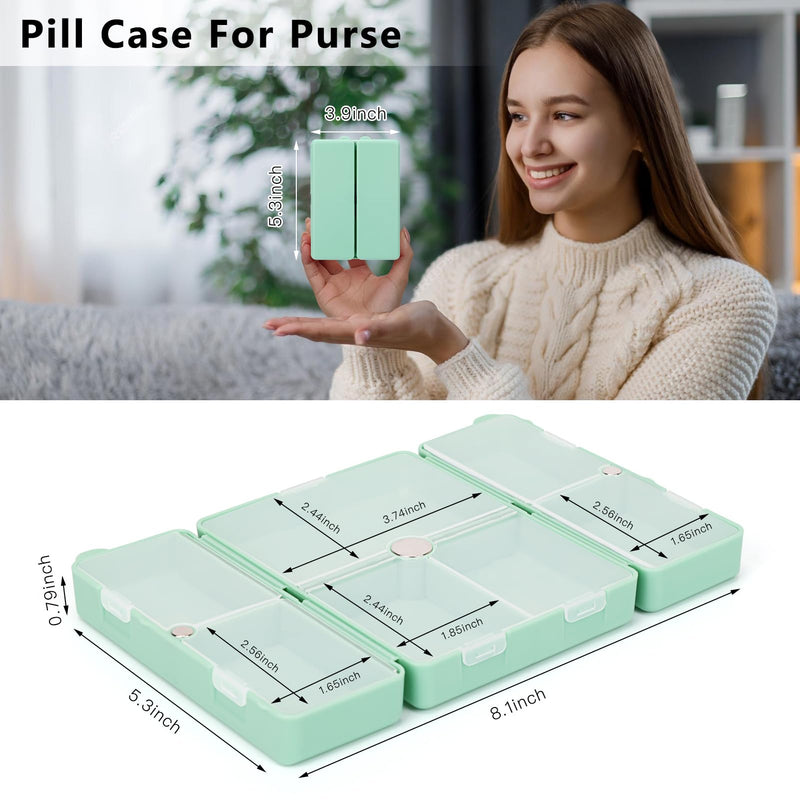 FYY Travel Pill Organizer,7 Compartments Large Pill Box Medicine Case-Green | Easy to Use, Privacy Protection,Magnetic Foldable Large Pill Case for Purse or Pocket to Hold Vitamins,Supplements,Medication Large (1 Piece) Green