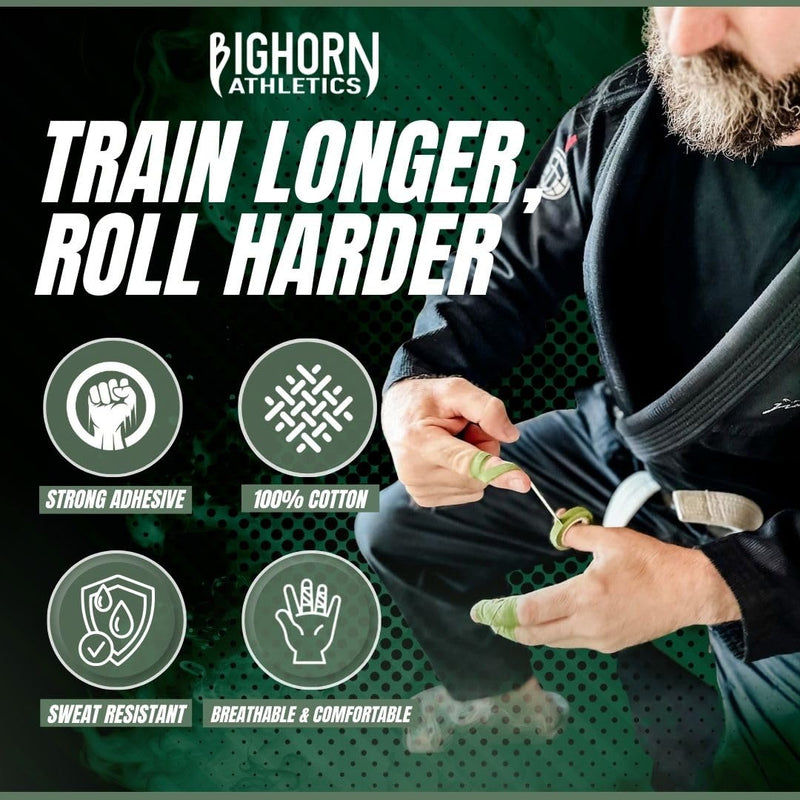 Bighorn Athletics Jiu Jitsu Finger Tape | Athletic Sports Tape for Injuries & Support: BJJ, Judo, MMA, Rock Climbing, Volleyball, Crossfit, Hands & Toes | 0.3-Inch x 45-feet, 8-Rolls, Military Green