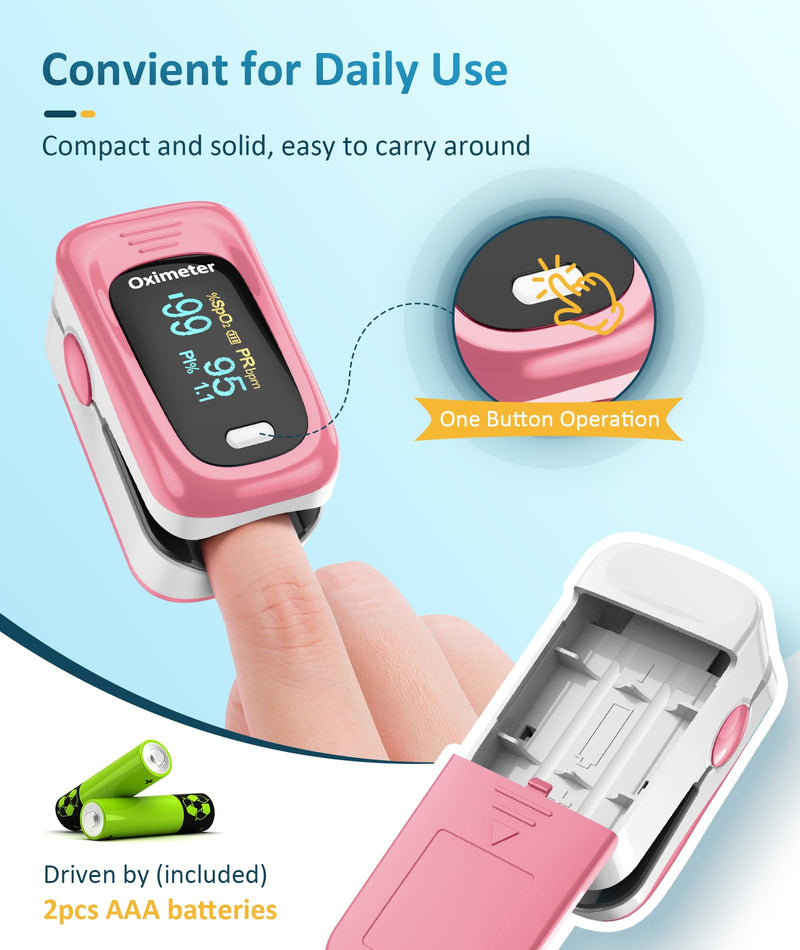Fingertip Pulse Oximeter with Fast & High-precision SpO2 Measurement, Blood Oxygen Saturation & Pulse Rate Monitoring, OLED Screen with Large Fonts (Pink)