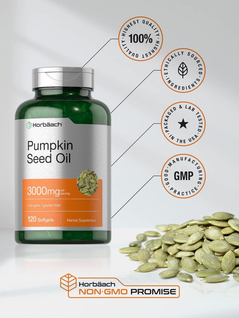 Horbäach Pumpkin Seed Oil | 3000mg | 120 Softgel Capsules | Cold Pressed Dietary Supplement | Non-GMO and Gluten Free Formula