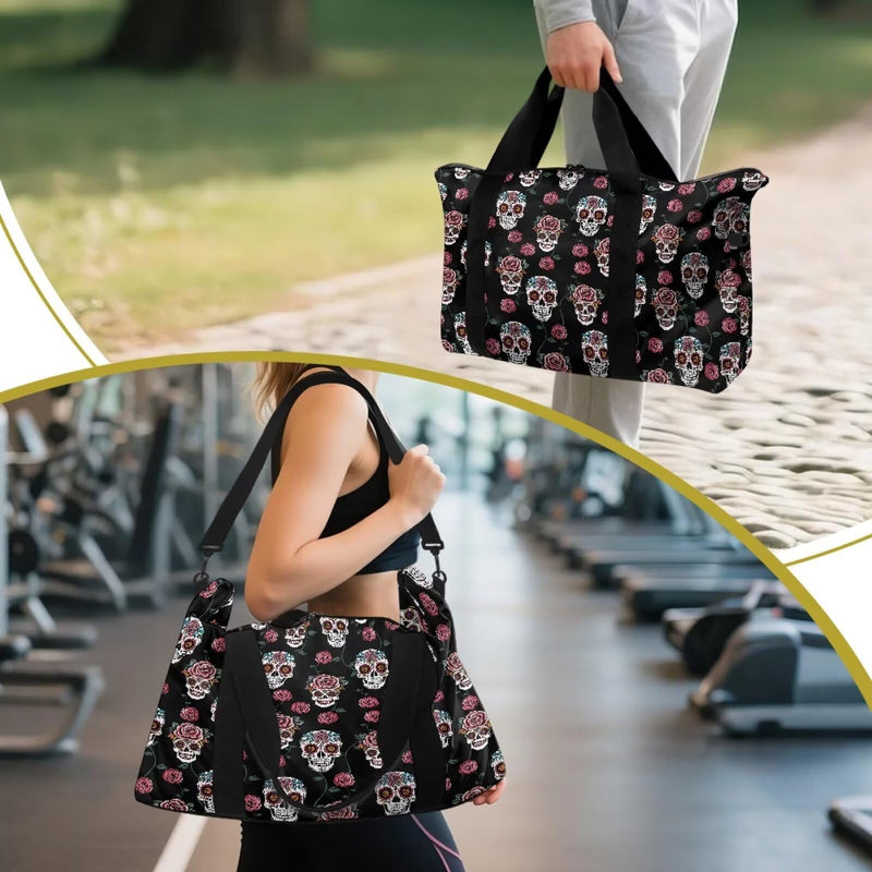 Floral Skull Carry on Tote Bags for Women Men Travel Duffle Bag for Yoga Gym Weekender Bags with Large Capacity Floral Skull