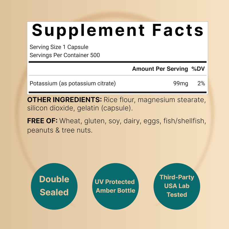 [Australia] - Potassium Citrate Supplement 99mg, 500 Capsules | Easily Absorbed Chelated Form ‚Äì Essential Mineral Electrolyte Balance ‚Äì Supports Muscle, Bone, & Heart Health ‚Äì Non-GMO 