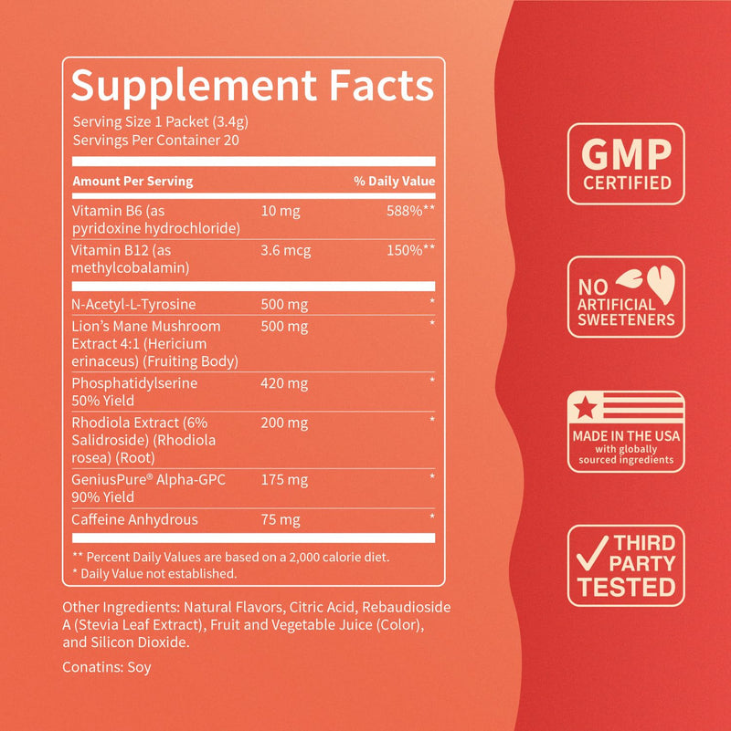 [Australia] - SuperFocus Fruit Punch with Caffeine‚Äì Nootropic Focus Drink Mix, 20 On-The-Go Packets, Alpha GPC, Lion‚Äôs Mane, Rhodiola, Sugar-Free 20 Servings (Caffeine) 