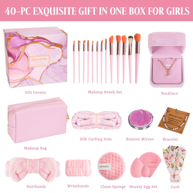 [Australia] - 40PCS Trendy Stuff Gifts Set for Teen Girls -Makeup Brushes Set + Blending Sponges + Silk Heatless Curling Set + Jewelry Set & Skincare Headbands | Birthday Gift for Daughter, Niece, Her (Pink) Pink 
