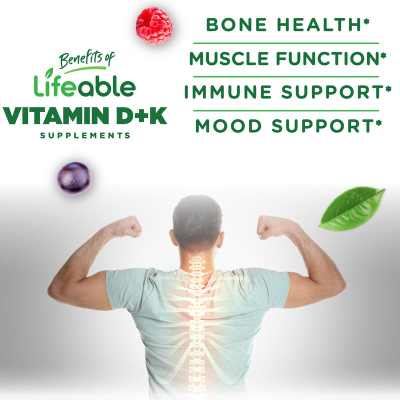 Lifeable Vitamin D3 K2 Gummies for Adults | 1000iu D3 and K2 100mcg | Great Tasting D3 and K2 Supplements | for Immune Support | VIT D3 K2 for Adults, Men, and Women | 60 Gummies