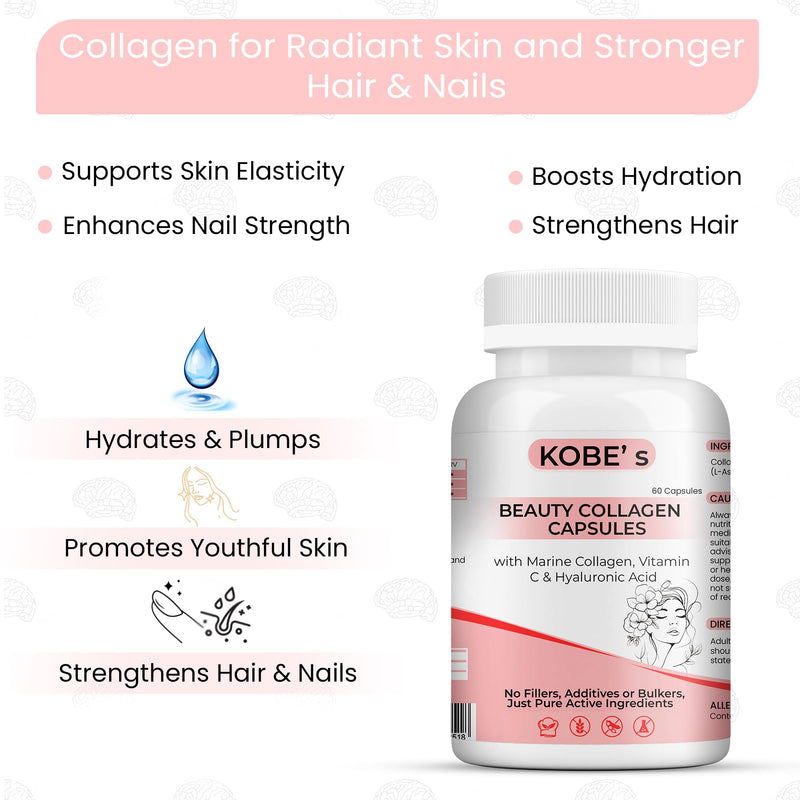 Kobes | Marine Collagen Capsules with hyaluronic Acid | high Strength Collagen | Collagen with Vitamin c | Marine Collagen Complex with hyaluronic Acid | 60 Capsules